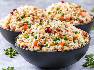 Three bowls of cooked rice mixed with vegetables like peas and carrots garnished with cranberries on a neutral surface.