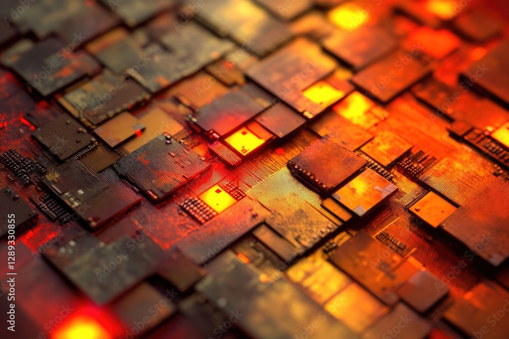 Poster intricate network of microchips glowing with warm, orange light, showcasing technological complexity