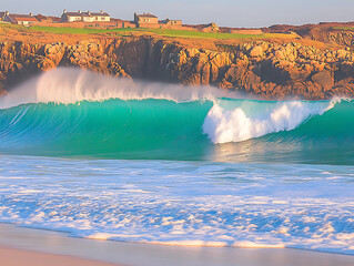 Naklejka premium Turquoise wave crashes against a rocky coast with houses perched on top foam spreading across the sand.