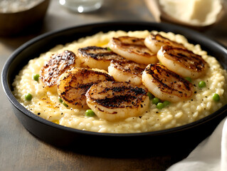 Pan-seared scallops artfully arranged over creamy risotto with green peas presented in a dark pan.