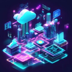 Futuristic network of cloud computing and blockchain technology - A vibrant 3d polygonal illustration depicting the interconnected world of digital currency and modern tech