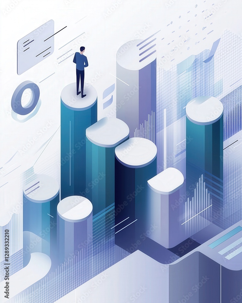 Aufkleber isometric illustration of a figure standing on elevated platforms symbolizing data analysis progress