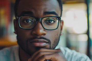 Pensive African American man with glasses distracted from computer work look in distance thinking or pondering, thoughtful biracial male lost in thoughts make plans visualizing, business vision theme
