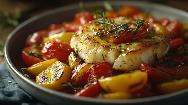 Pan-seared cod with roasted tomatoes, herbs, close-up, rustic setting, food blog - Powered by Adobe