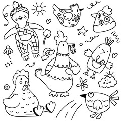 Cartoon chickens in black line on white background, children's vector pattern with animals