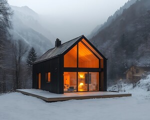A modern black cabin illuminated in a snow covered landscape