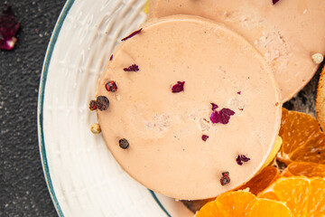 Foie gras snack goose liver French cuisine fresh tasty food dish delicious gourmet food background on the table rustic food top view copy space