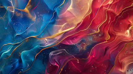 Naklejka premium A colorful abstract layout featuring interwoven polygonal structures in striking shades of red, teal, and gold.