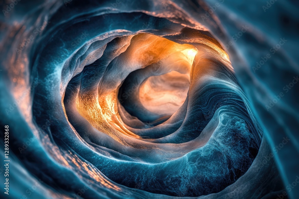 Poster abstract swirling ice cave illuminated by warm light, creating a mesmerizing and ethereal scene.