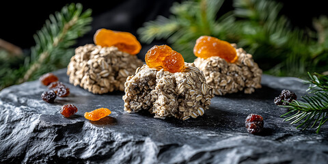 Oatmeal cookies topped with dried apricot and cranberries set on a dark stone plate with festive green foliage.