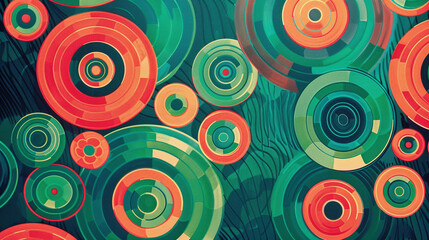 Fototapeta premium A colorful abstract pattern featuring concentric rings in radiant shades of coral, teal, and yellow, with smooth transitions and glowing textures for a bold corporate look.