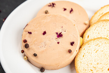 Foie gras snack goose liver French cuisine fresh tasty food dish delicious gourmet food background on the table rustic food top view copy space © Alesia Berlezova