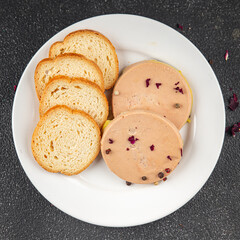 Foie gras snack goose liver French cuisine fresh tasty food dish delicious gourmet food background on the table rustic food top view copy space