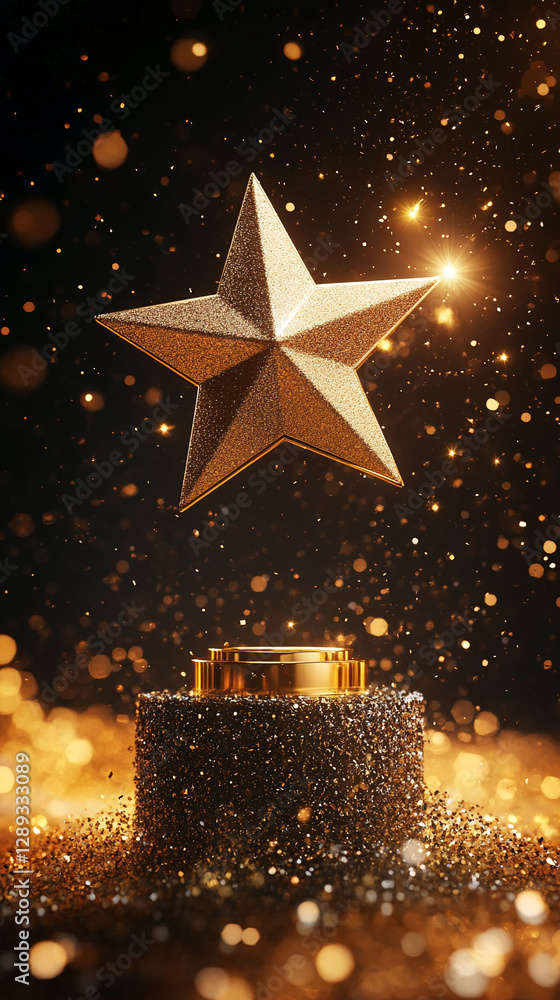 Poster a golden glittering star levitating above a sparkling podium with a blurred bokeh background. this i