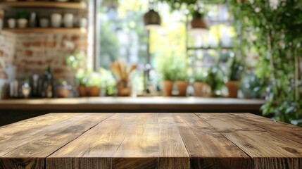 Rustic Wooden Tabletop with Blurred Kitchen and Greenery Background