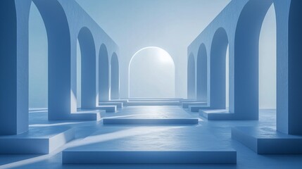 Serene Blue Architectural Archway Pathway Minimalist Modern Design Interior