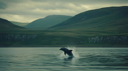 Dolphin leaping, coastal waters, mountainous backdrop, wildlife documentary