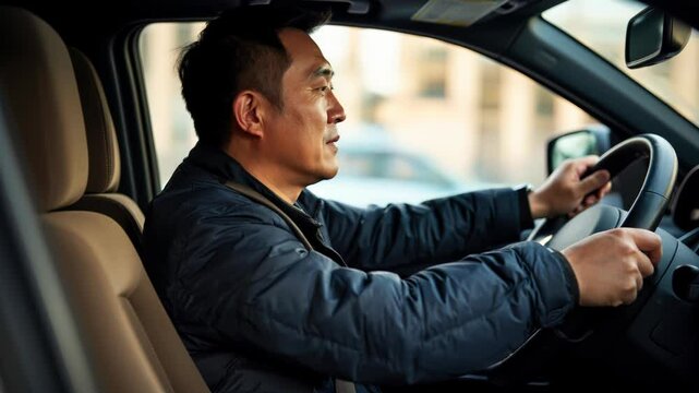 Smiling Asian Man Driving Car in Urban Setting. National Death Busters Day