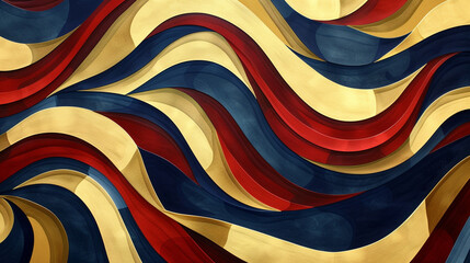 A dynamic abstract wave design with cascading curves in bold shades of pink, turquoise, and golden yellow.