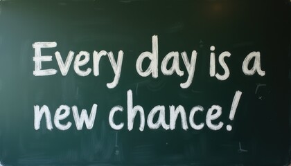  "Every day is a new chance!" in artistic white chalk on blackboard