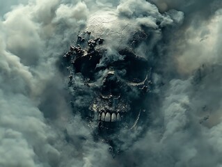 The skull emerging from billowing smoke within dramatic gloomy clouds