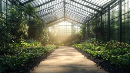 Serene botanical greenhouse featuring lush greenery, sunlight streaming through glass panels, and a tranquil pathway