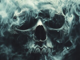 A close up image of a skull surrounded by smoke