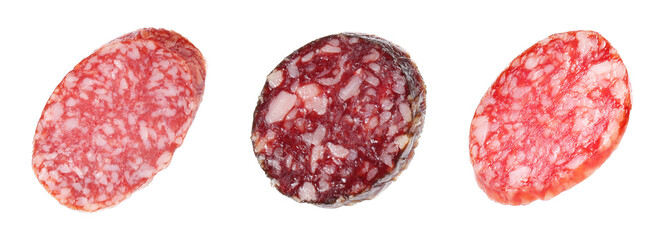 Slices of smoked sausages isolated on white, set