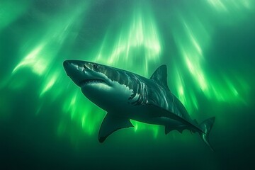 Obraz premium A shark swimming gracefully beneath the Northern Lights, the aurora reflecting on the water surface