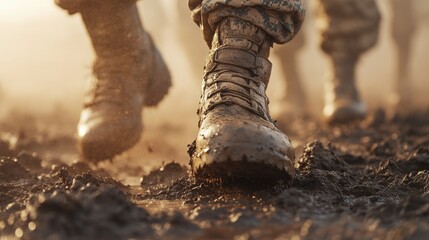 Obraz premium Soldiers marching through muddy terrain during a misty sunrise, showcasing determination and resilience in challenging conditions.