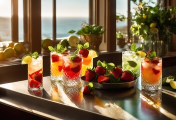 artful arrangement vibrant cocktail ingredients including glassware stylish bar, mixology, spirits, beverage, tonic, ice, bitters, liqueur, recipe