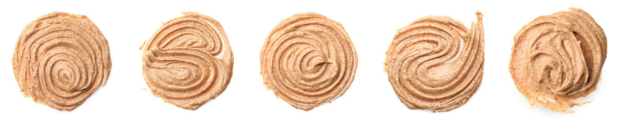 Yummy nut butter. Samples isolated on white, set. Top view