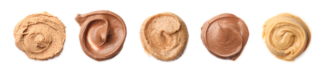 Nut butter. Different samples isolated on white, set. Top view