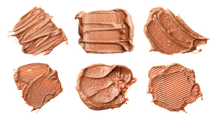 Yummy nut butter. Samples isolated on white, set. Top view