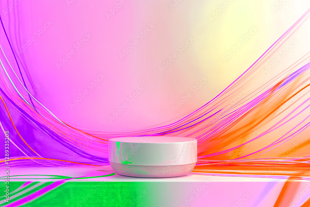 Poster vibrant product showcase on a sleek podium with dynamic colorful backgrounds