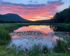 Amazing sunset reflects on calm water with beautiful colorful sky