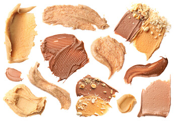 Nut butter. Different samples isolated on white, set. Top view