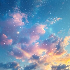 A beautiful starlit sky with clouds and a rainbow