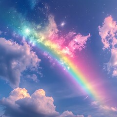 Vibrant Rainbow Displaying Over Cloudy Skies and Starry Night