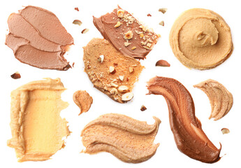 Nut butter. Different samples isolated on white, set. Top view