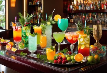 vibrant beverage display featuring eye catching glassware intriguing bar accessories lively cocktail experience, drinks, mixology, barware, cocktails