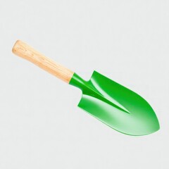 Green shovel with a wooden handle, designed for versatile gardening tasks. Perfect for both professional landscapers and home gardeners. Perfect Any Project.
