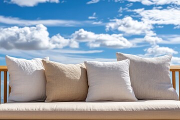 青空の下、柔らかなクッションが並ぶリラックスした屋外ソファ