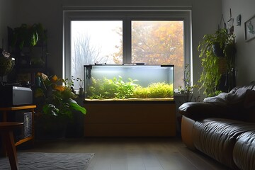 A beautiful aquarium is inside a brightly lit living space