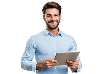 Young handsome man holding tablet, smiling nicely, isolated on transparent background
