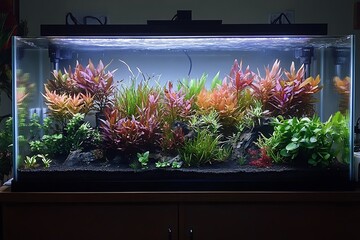A freshwater planted aquarium showcasing various types of aquatic plants