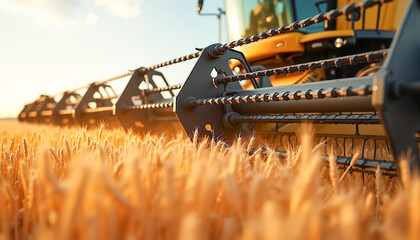 Close-up of combine harvester blades cutting through golden wheat field at sunset, showcasing agricultural machinery power and efficiency.