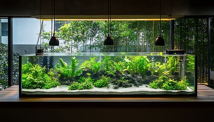 The Beautiful Underwater Aquarium Displaying Greenery and Fish Nicely