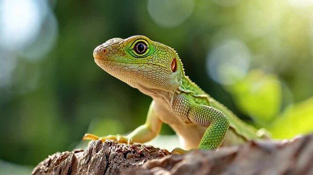 Green lizard perches on wood, sunlit forest