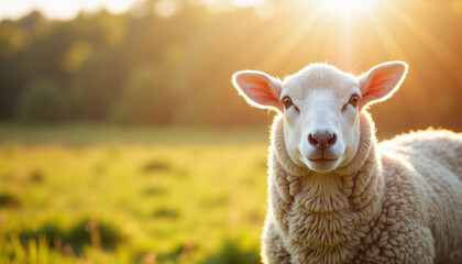 Fototapeta premium Single sheep standing in sunlit farm field with textured wool, symbolizing quality livestock farming.